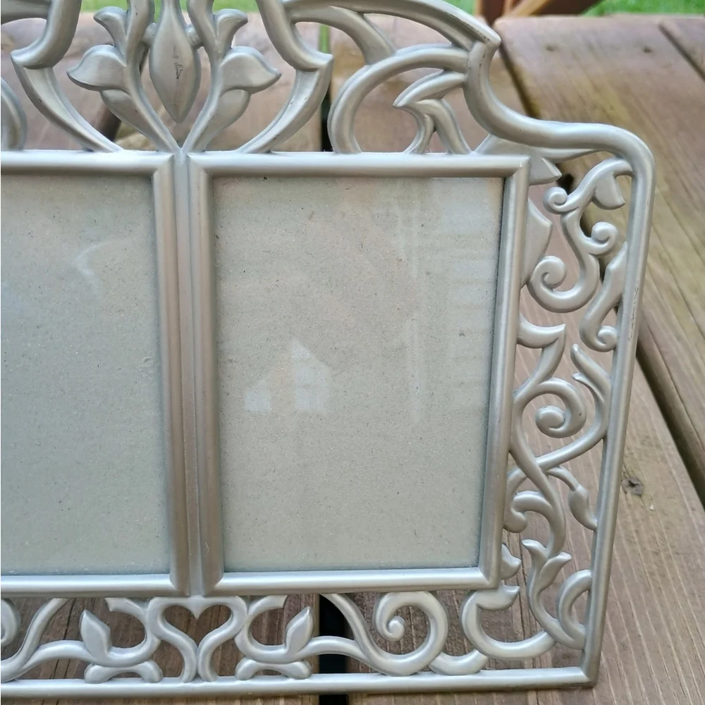 Vintage 1997 HB Group Double Picture Frame Pewter Tone Ornate Tabletop